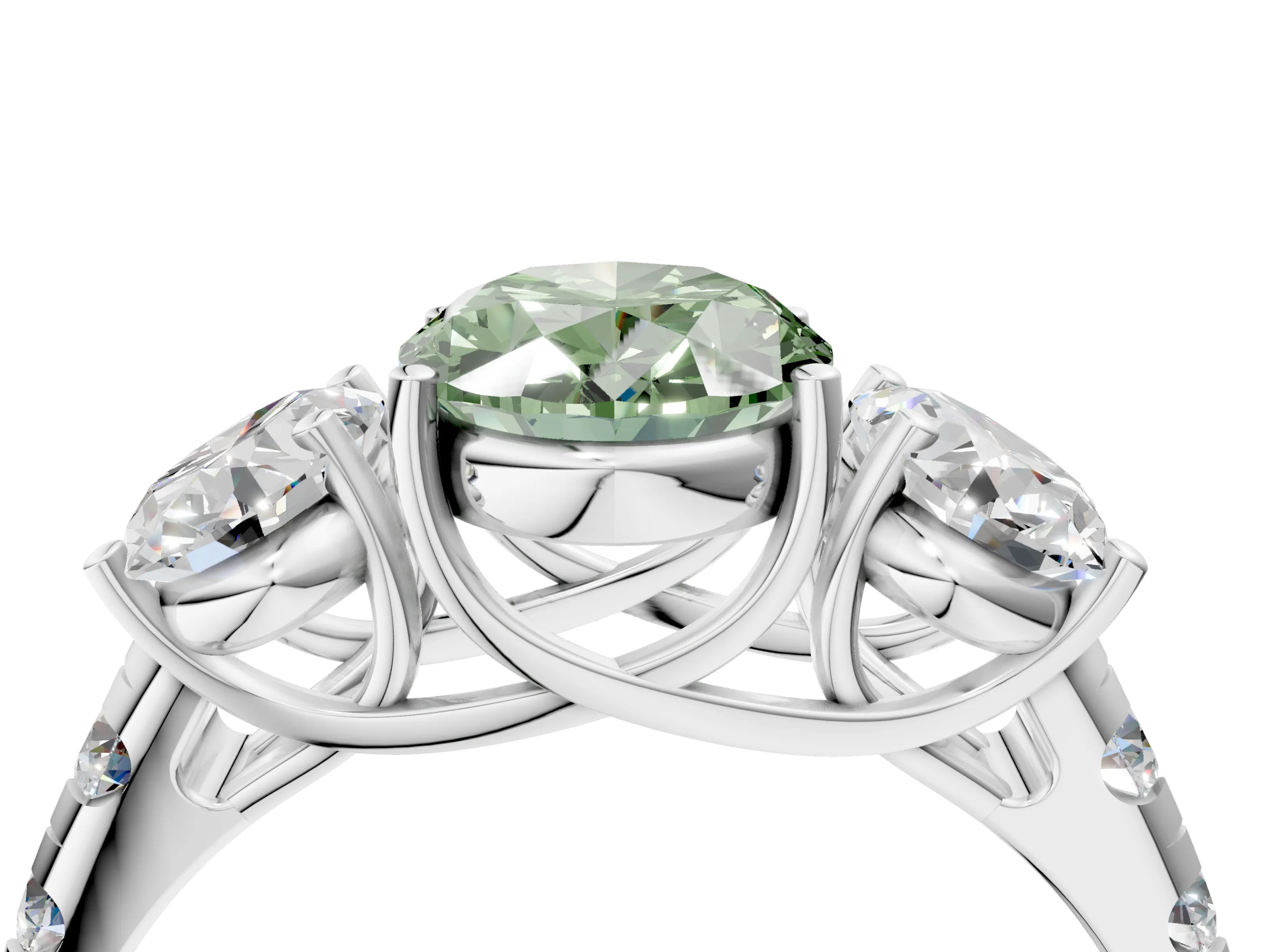White gold Three-Stone Fancy Green Oval Cut Diamond Pavé Band with Prong Setting_16