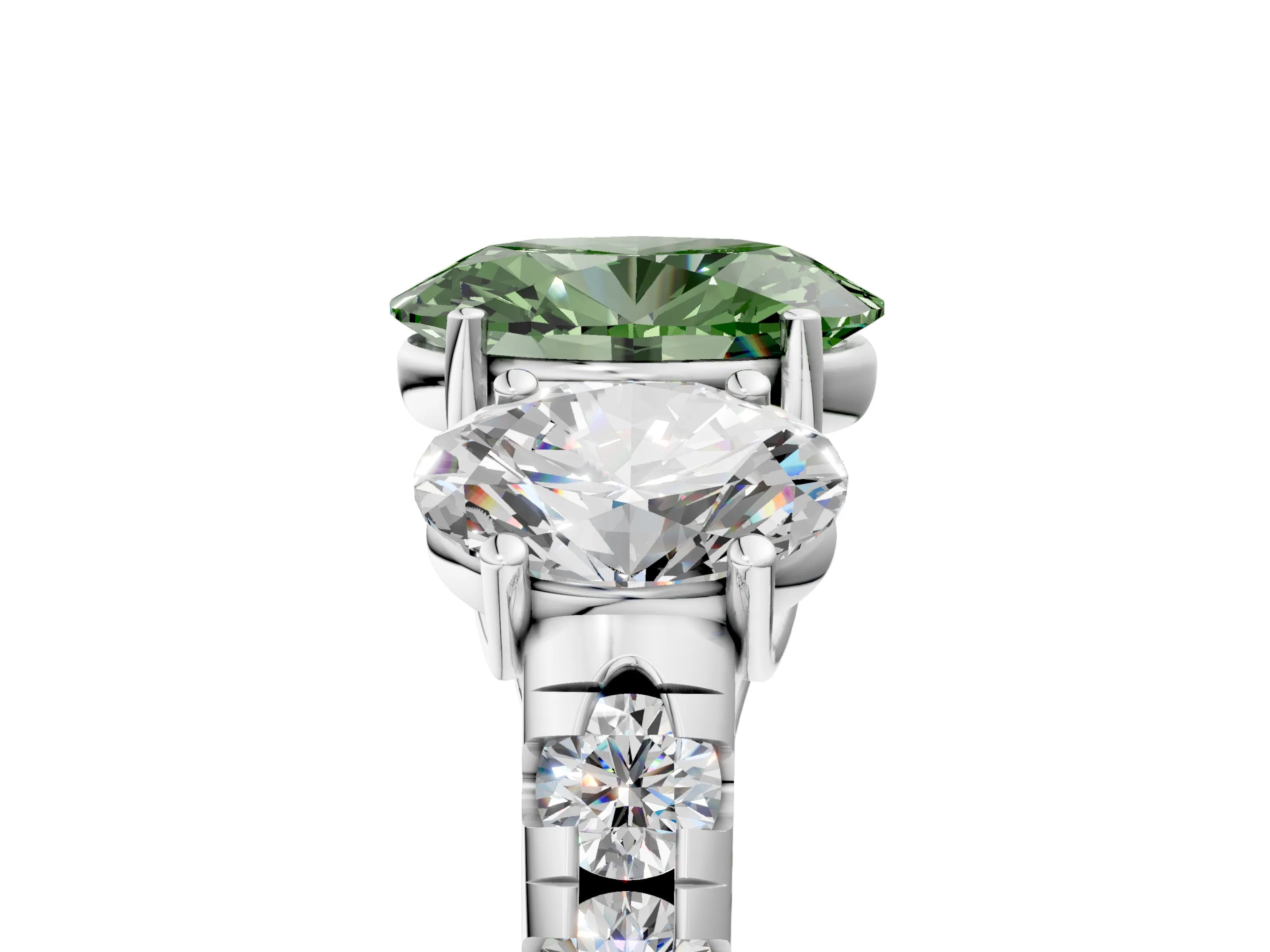White gold Three-Stone Fancy Green Oval Cut Diamond Pavé Band with Prong Setting_17