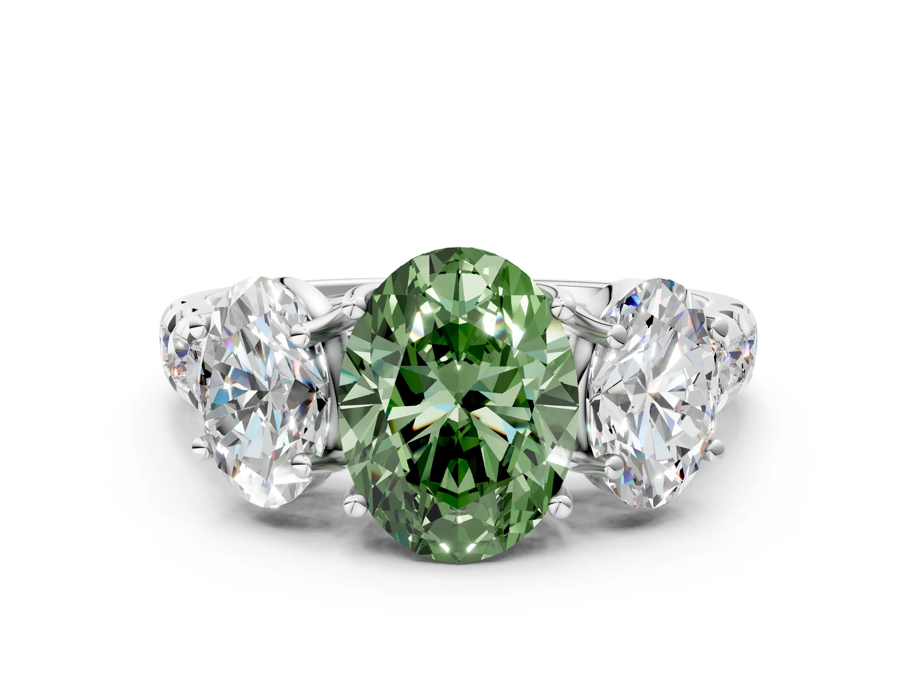 White gold Three-Stone Fancy Green Oval Cut Diamond Pavé Band with Prong Setting
