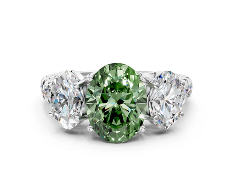 White gold Three-Stone Fancy Green Oval Cut Diamond Pavé Band with Prong Setting