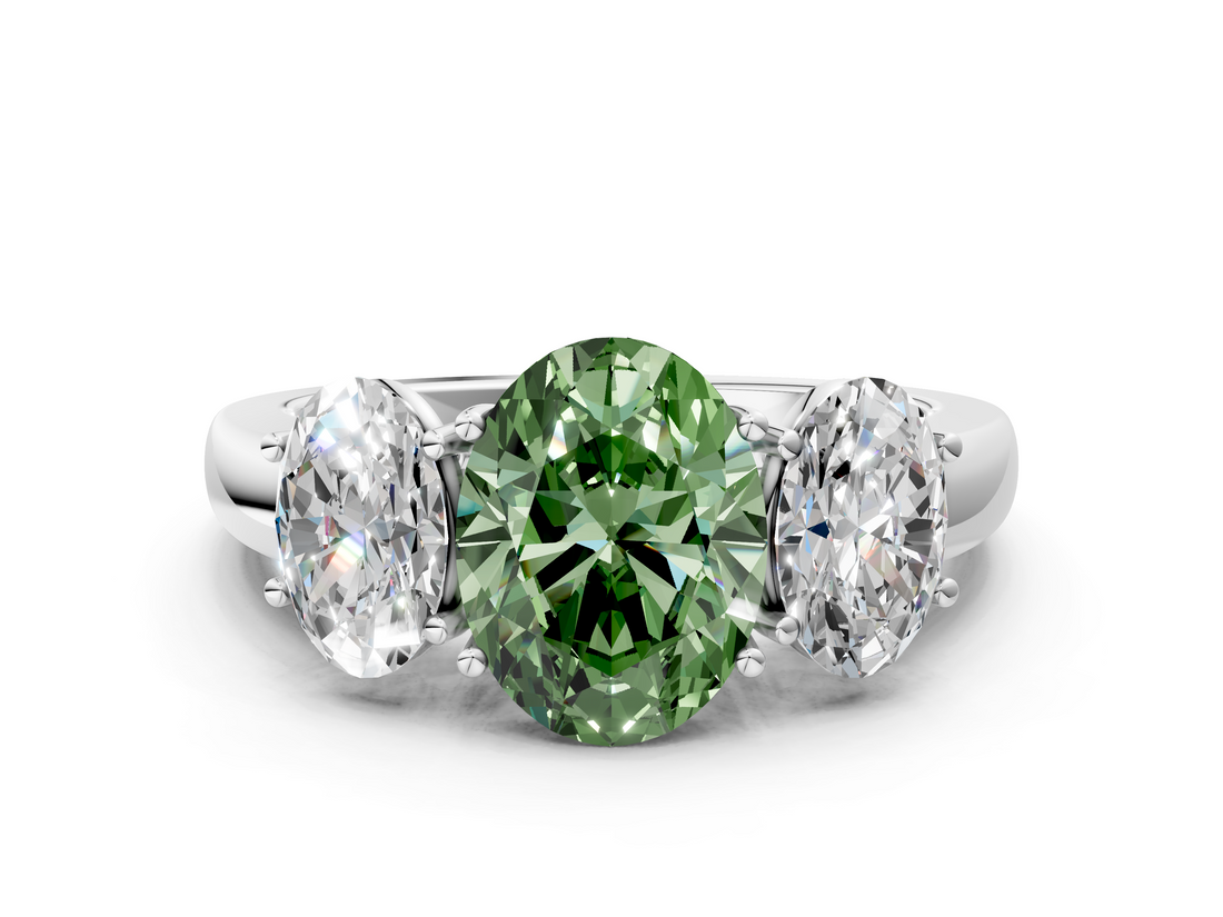 White gold Three-Stone Fancy Green Oval  Cut Diamond Ring with Channel-Set Band and Four-Prong Setting_49