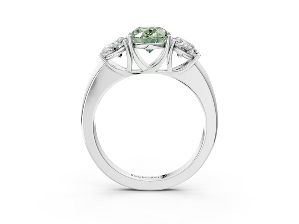 White gold Fancy Green Oval Cut Diamond Three-Stone Ring with Four-Prong Setting and Classic Band