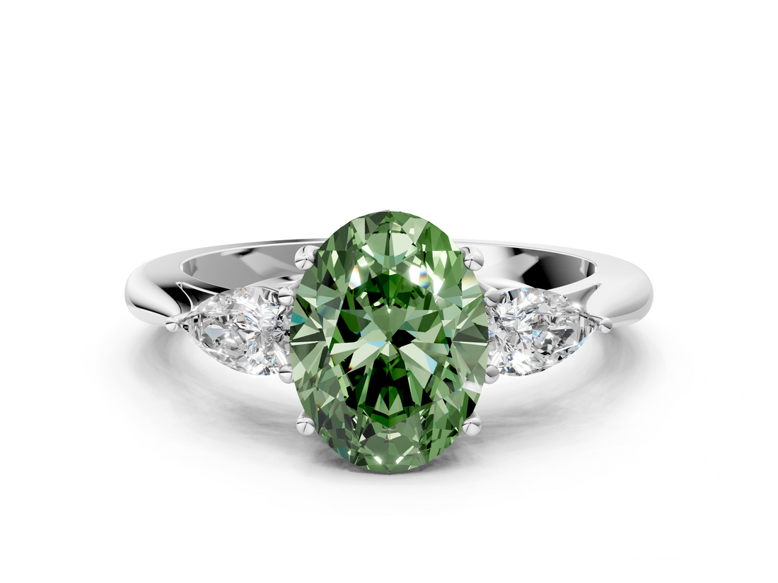 White gold Three-Stone Fancy Green Oval  Cut Diamond Ring with Pear Side Stones in Four-Prong Setting_127