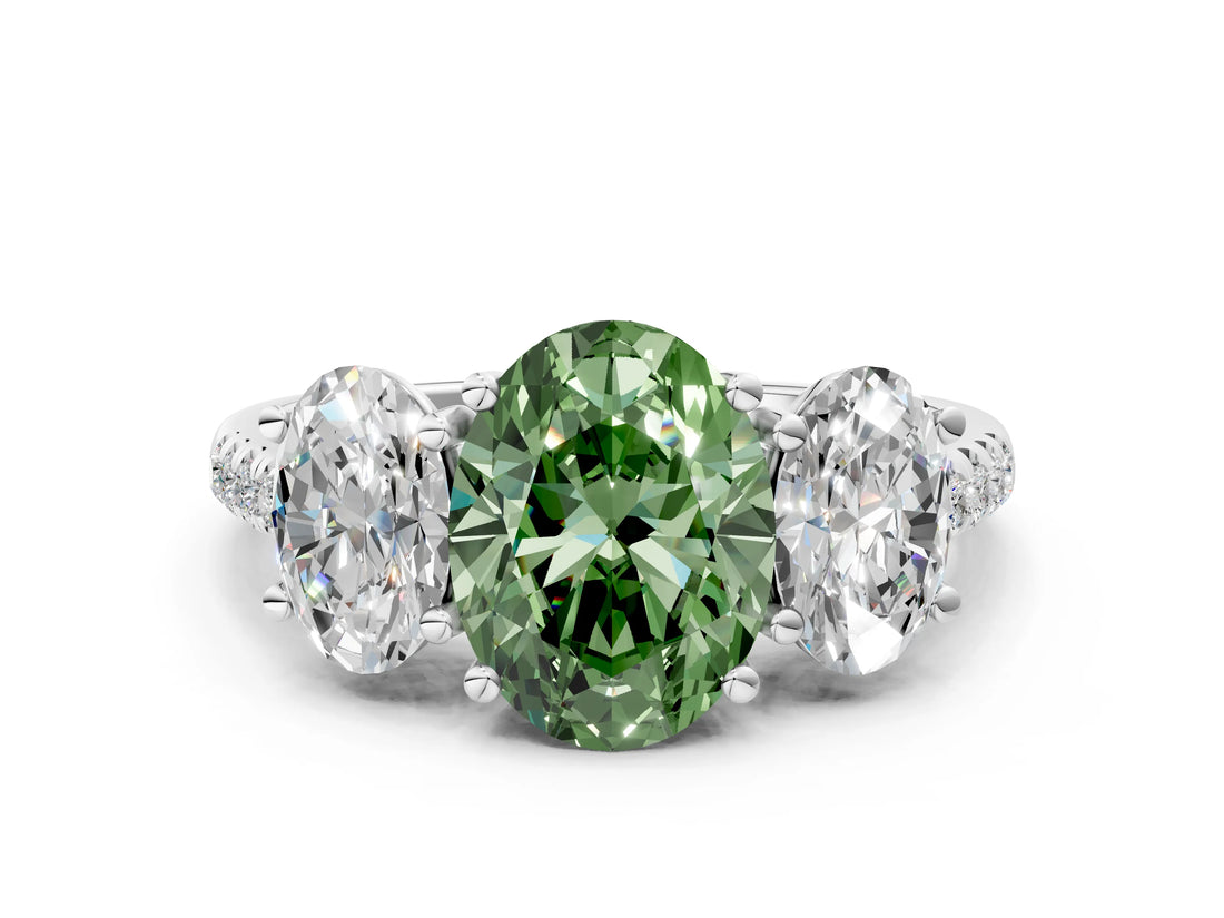 White gold Three-Stone Fancy Green Oval Cut Diamond Ring with Round  Pavé Band and Prong Setting_168