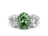 White gold Three-Stone Fancy Green Oval Cut Diamond Ring with Round  Pavé Band and Prong Setting_168