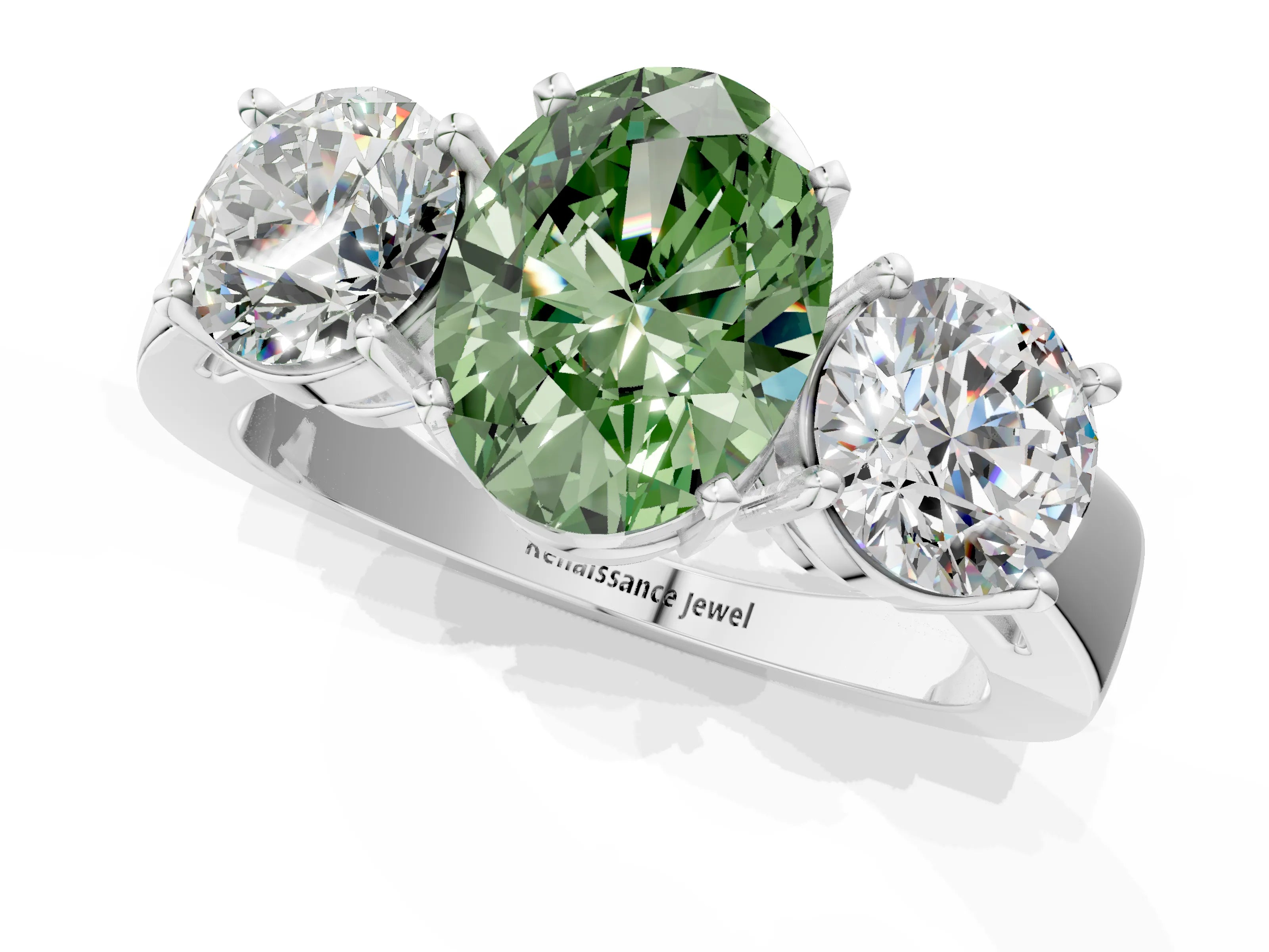 White gold Three-Stone Fancy Green Oval Cut Diamond Ring with Round Side Stones, Classic Band, and Four-Prong Setting_1