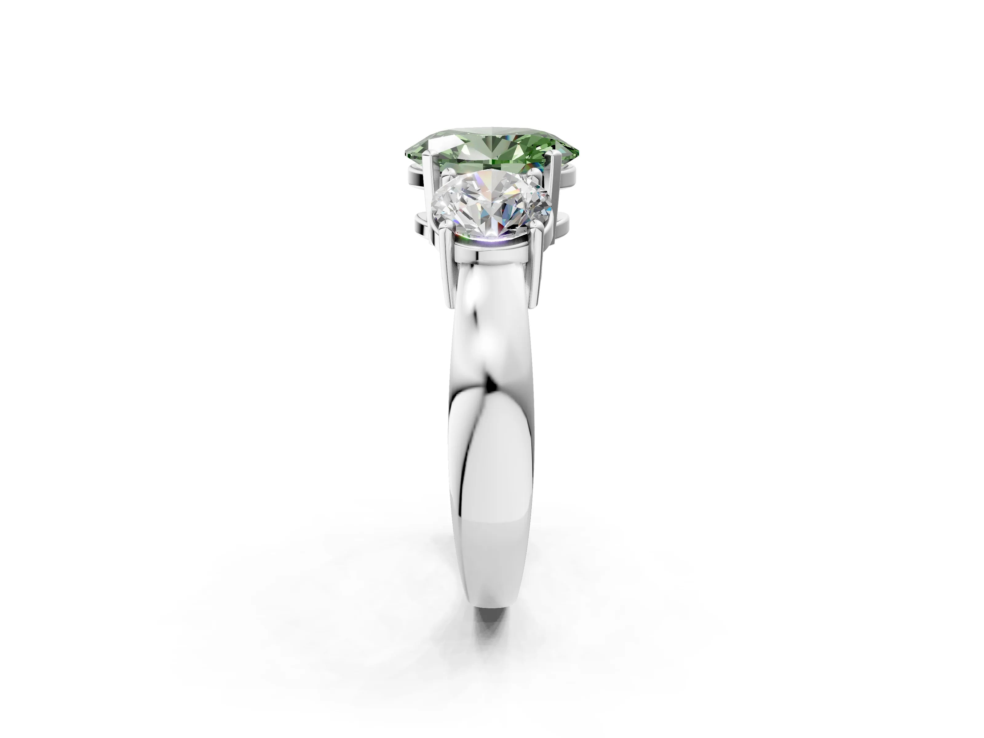 White gold Three-Stone Fancy Green Oval Cut Diamond Ring with Round Side Stones, Classic Band, and Four-Prong Setting_2