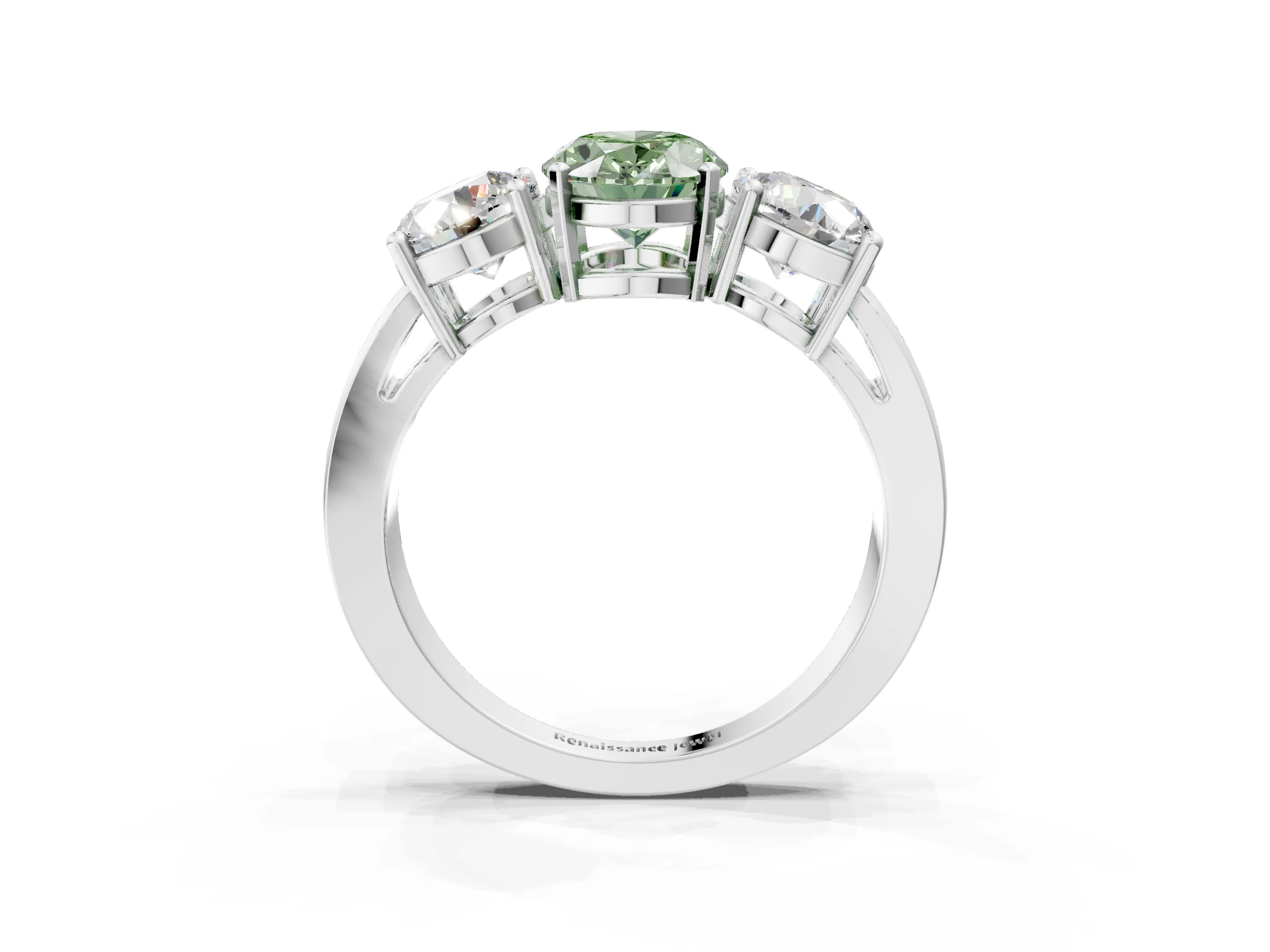 White gold Three-Stone Fancy Green Oval Cut Diamond Ring with Round Side Stones, Classic Band, and Four-Prong Setting_3