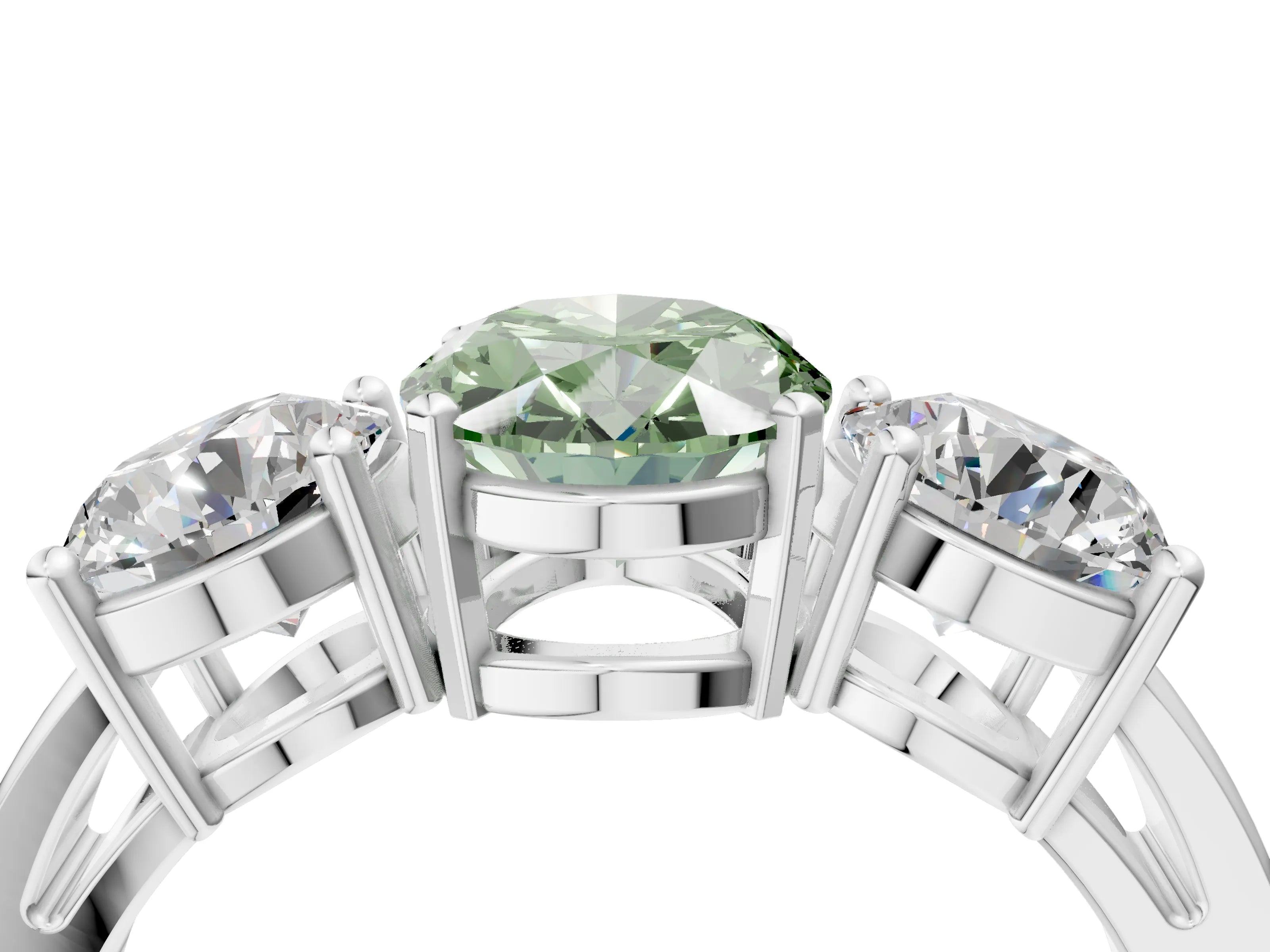 White gold Three-Stone Fancy Green Oval Cut Diamond Ring with Round Side Stones, Classic Band, and Four-Prong Setting_4