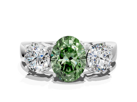 White gold Three-Stone Fancy Green Oval Cut Diamond Ring with Round Side Stones, Classic Band, and Four-Prong Setting