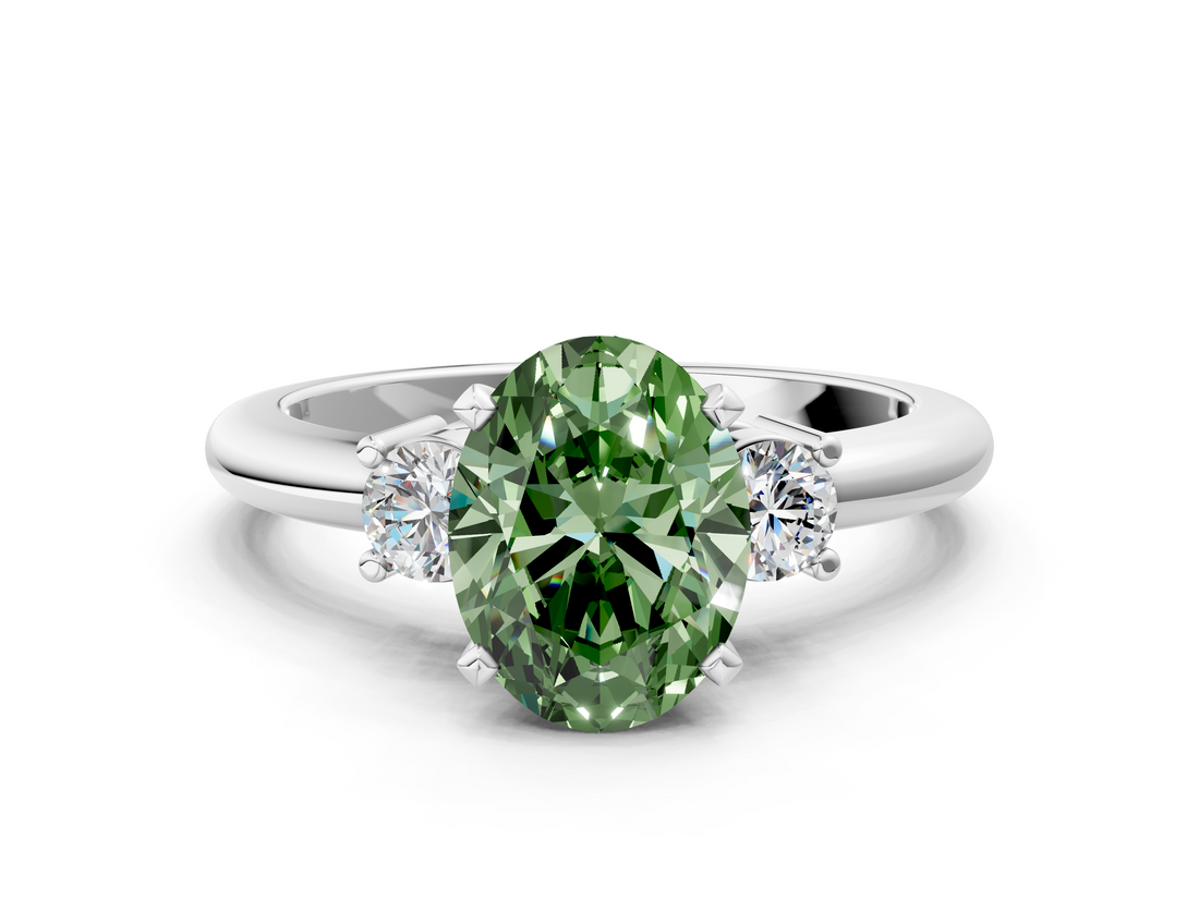 White gold Three-Stone Fancy Green Oval  Cut Diamond Solitaire with Prong Setting and Classic Band_45