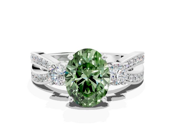 Platinum Three-Stone Fancy Green Oval  Cut Diamond Twist Band with Prong Setting