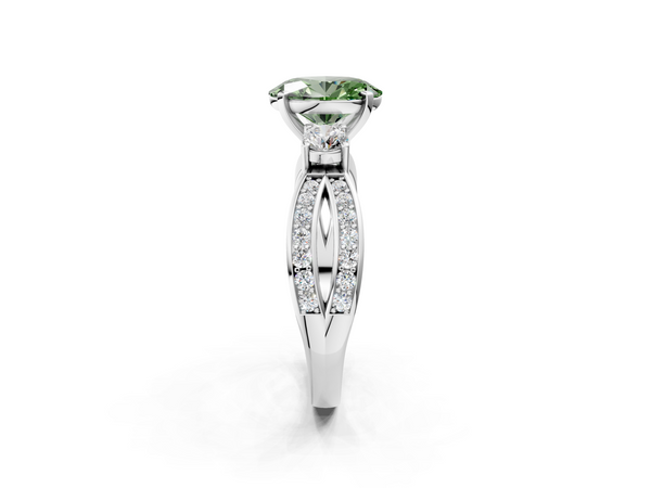 Platinum Three-Stone Fancy Green Oval  Cut Diamond Twist Band with Prong Setting