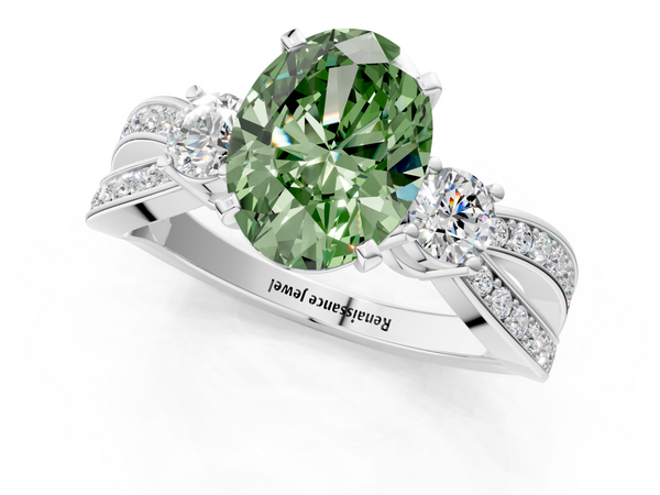 Platinum Three-Stone Fancy Green Oval  Cut Diamond Twist Band with Prong Setting