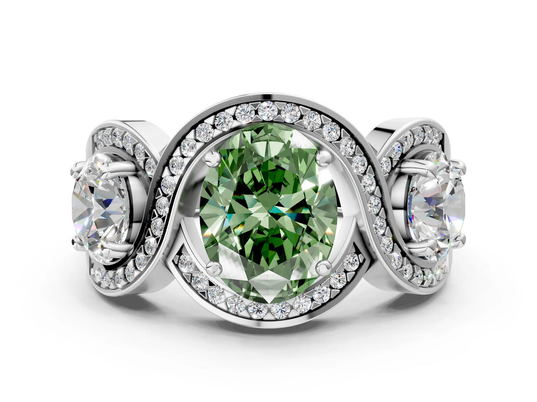 White gold Three-Stone Fancy Green Oval Cut Diamond Wave Pave Band with Prong Setting