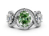 White gold Three-Stone Fancy Green Oval Cut Diamond Wave Pave Band with Prong Setting