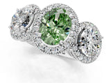White gold Three-Stone Fancy Green Oval Cut Halo Diamond Milgrain Band with Four-Prong Setting_1