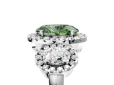White gold Three-Stone Fancy Green Oval Cut Halo Diamond Ring with Pave Band and Four-Prong Setting_5