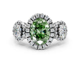 White gold Three-Stone Fancy Green Oval Cut Halo Diamond Ring with Pave Band and Four-Prong Setting