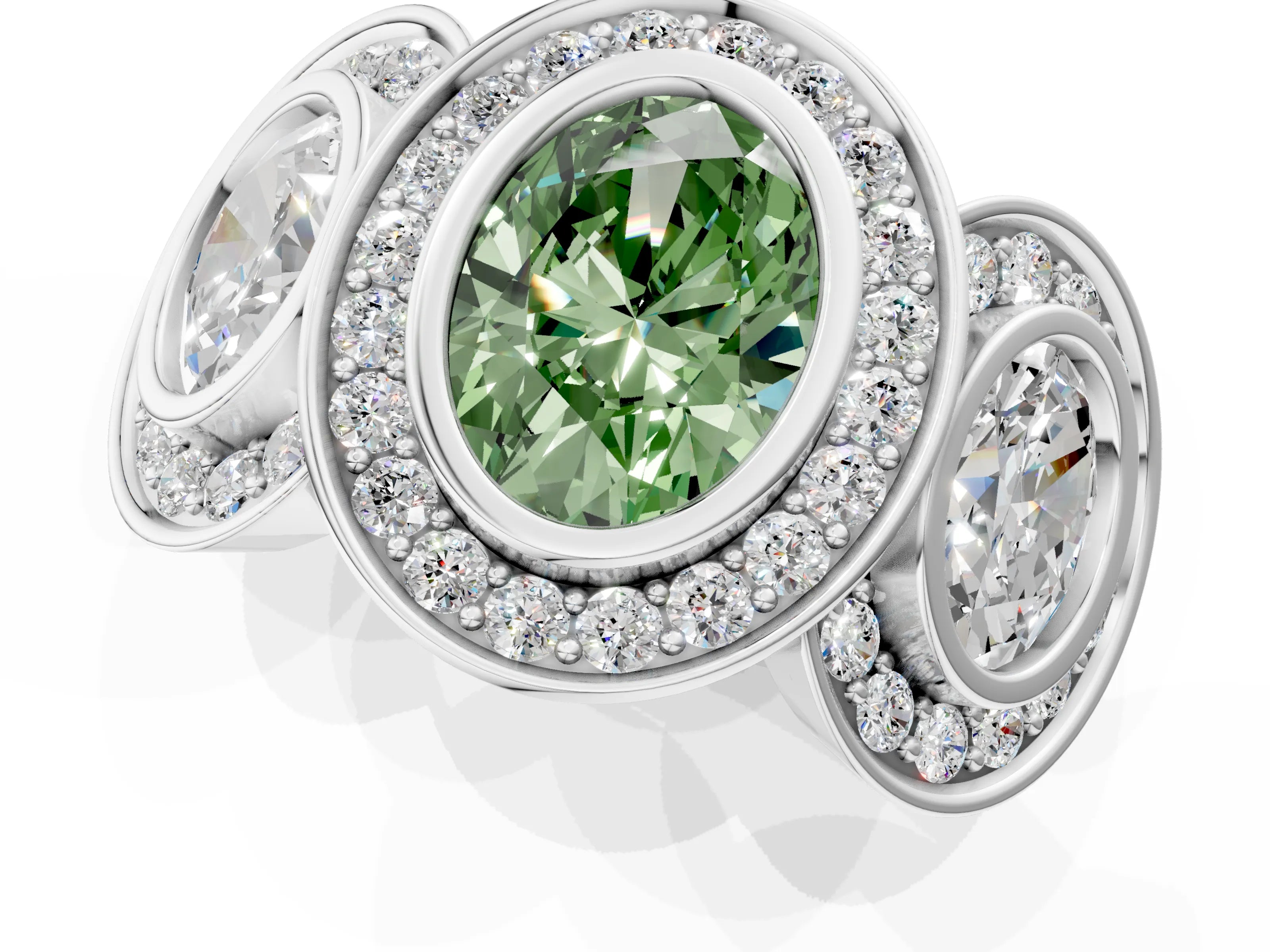 White gold Three-Stone Fancy Green Oval Cut Halo Pavé Diamond Ring_1