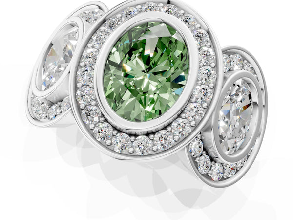 White gold Three-Stone Fancy Green Oval Cut Halo Pavé Diamond Ring