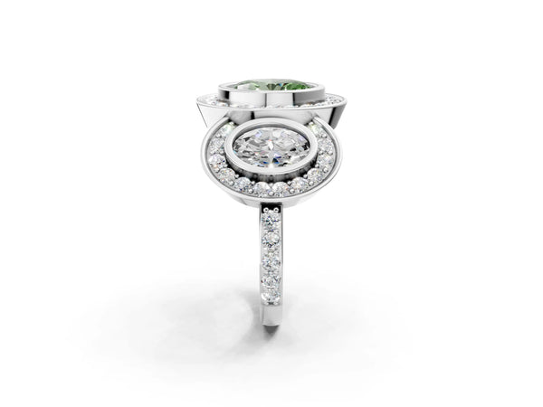 White gold Three-Stone Fancy Green Oval Cut Halo Pavé Diamond Ring