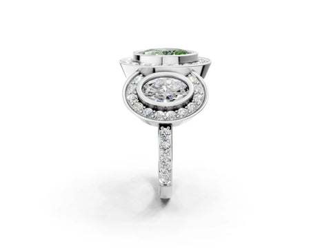 White gold Three-Stone Fancy Green Oval Cut Halo Pavé Diamond Ring_2