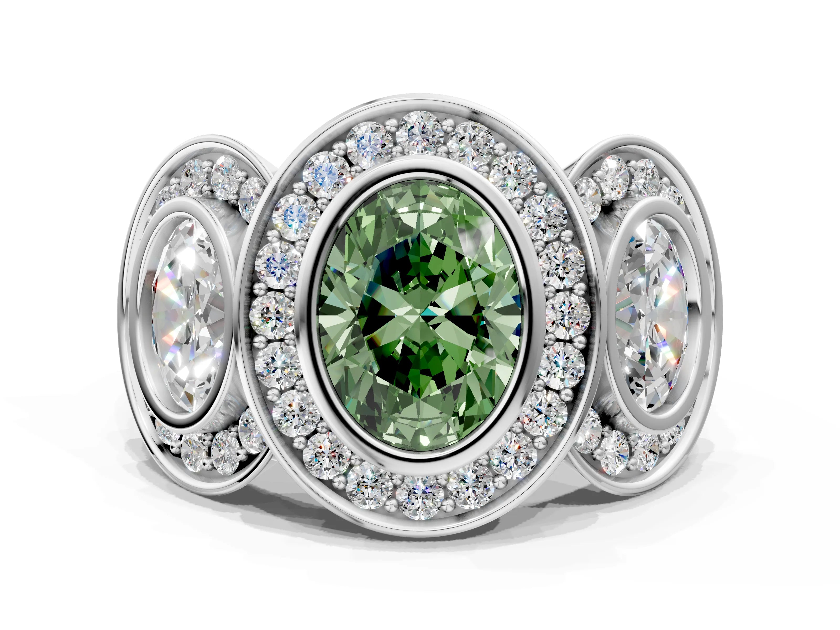 White gold Three-Stone Fancy Green Oval Cut Halo Pavé Diamond Ring