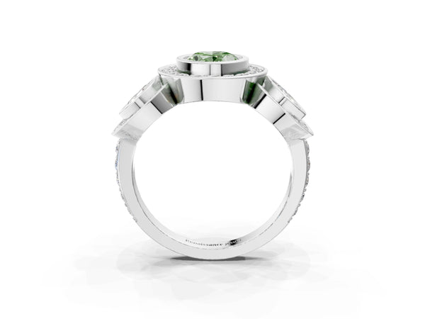 White gold Three-Stone Fancy Green Oval Cut Halo Pavé Diamond Ring