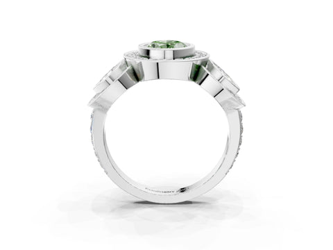 White gold Three-Stone Fancy Green Oval Cut Halo Pavé Diamond Ring_3