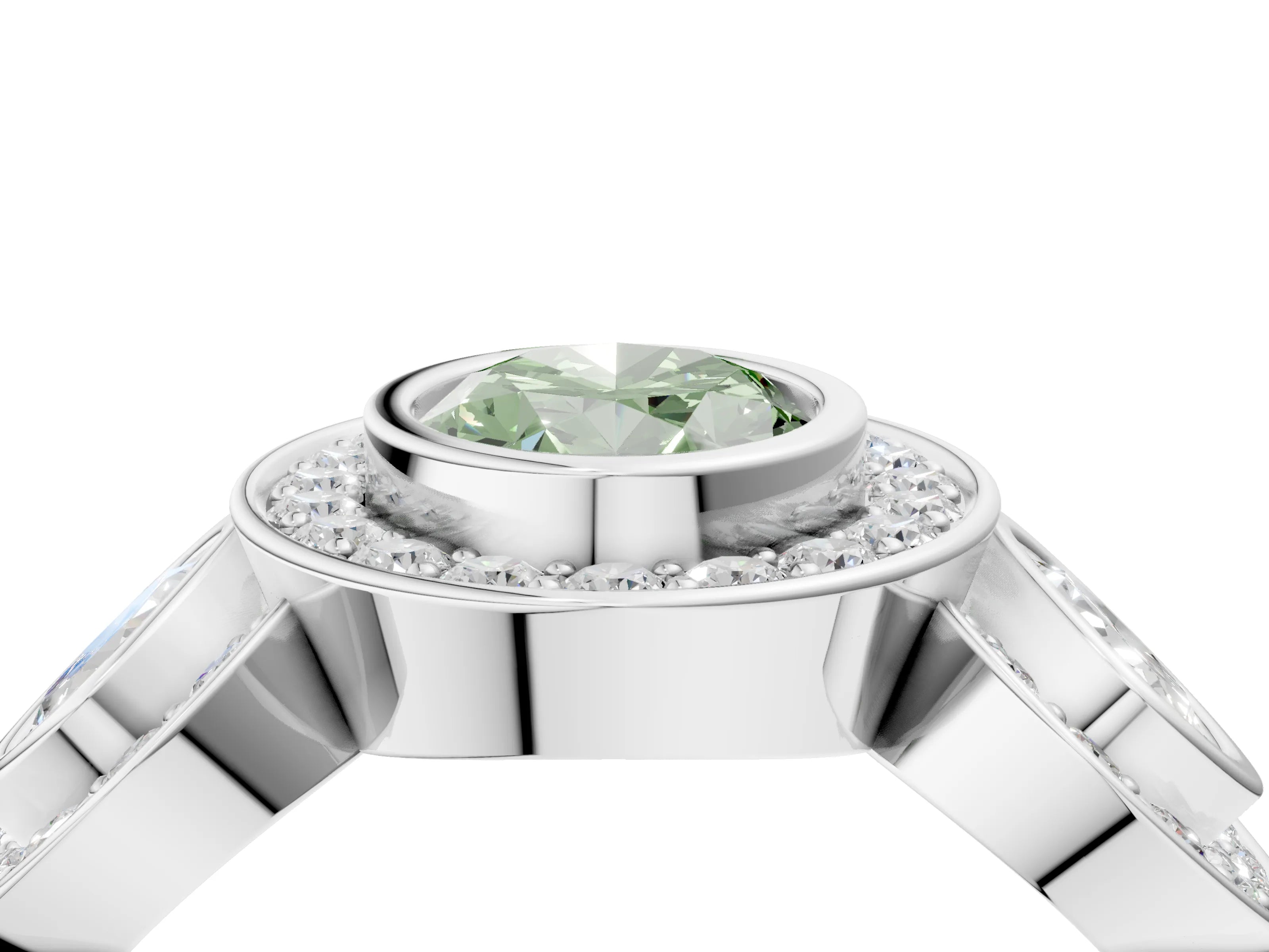 White gold Three-Stone Fancy Green Oval Cut Halo Pavé Diamond Ring_4