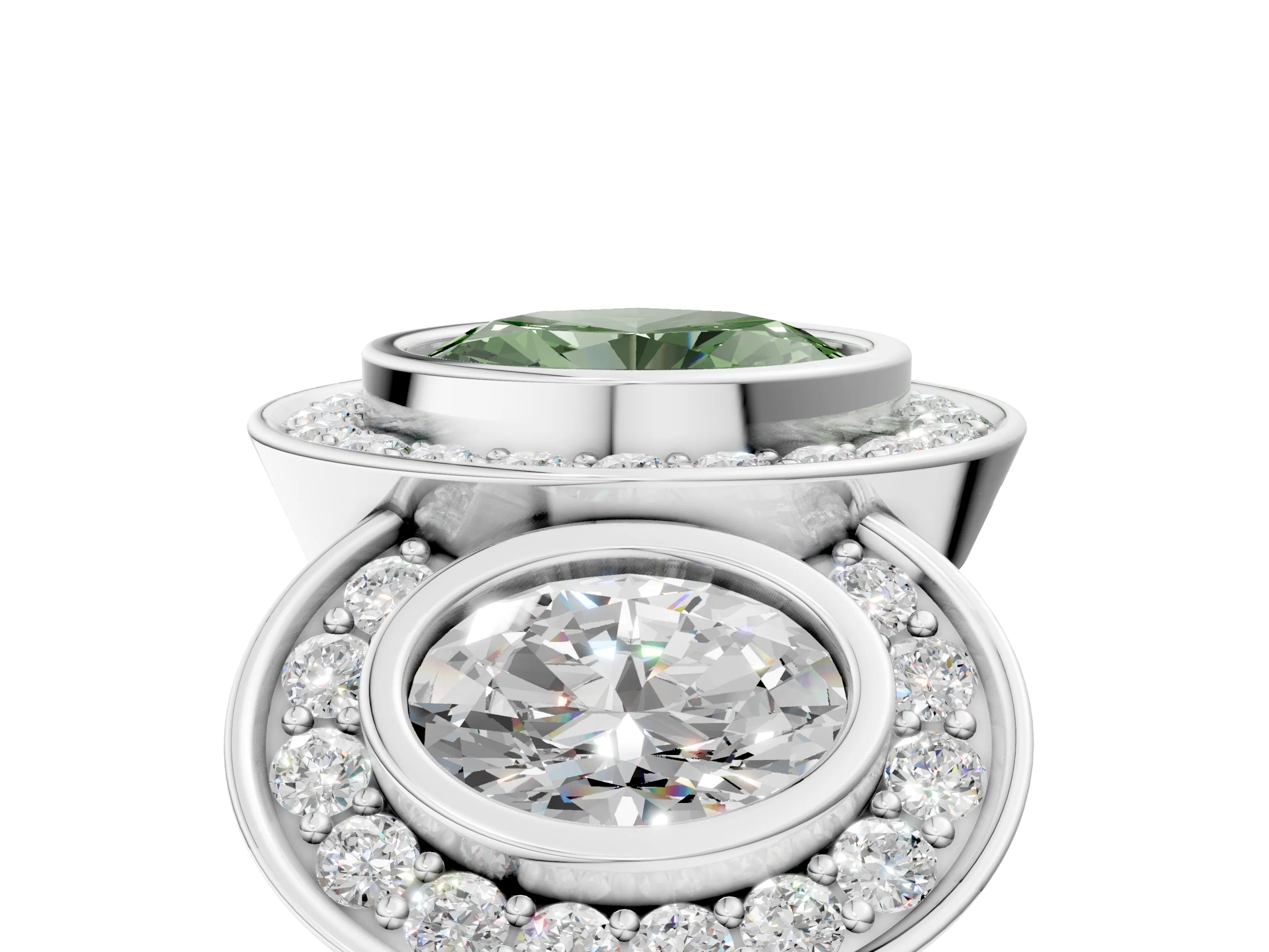 White gold Three-Stone Fancy Green Oval Cut Halo Pavé Diamond Ring_5