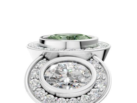 White gold Three-Stone Fancy Green Oval Cut Halo Pavé Diamond Ring_5