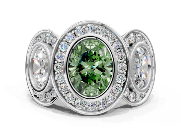 White gold Three-Stone Fancy Green Oval Cut Halo Pavé Diamond Ring