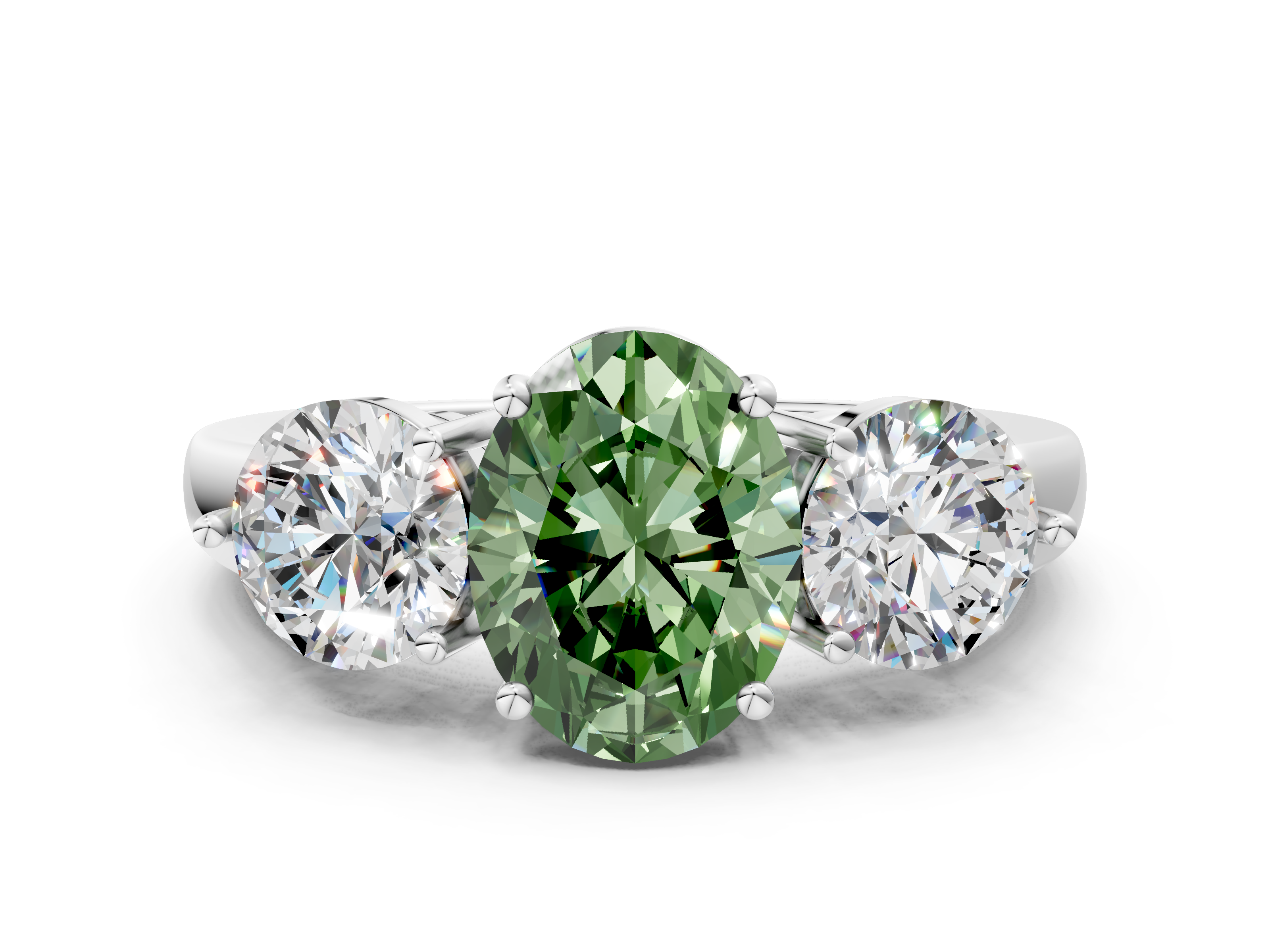 White gold Three-Stone Fancy Green Oval  Cut Solitaire Ring with Prong Setting on a Classic Band_53