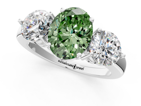 White gold Three-Stone Fancy Green Oval  Cut Solitaire Ring with Prong Setting on a Classic Band_54