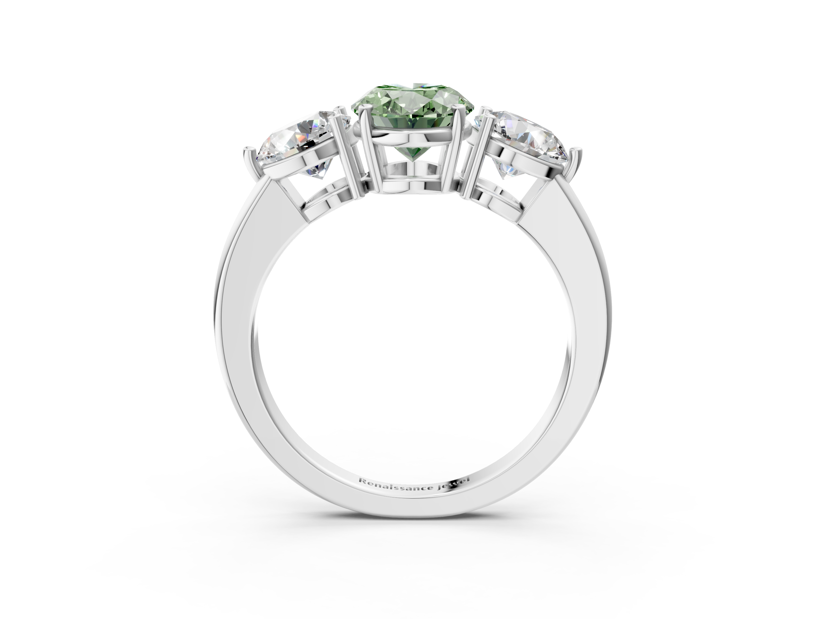 White gold Three-Stone Fancy Green Oval  Cut Solitaire Ring with Prong Setting on a Classic Band_56