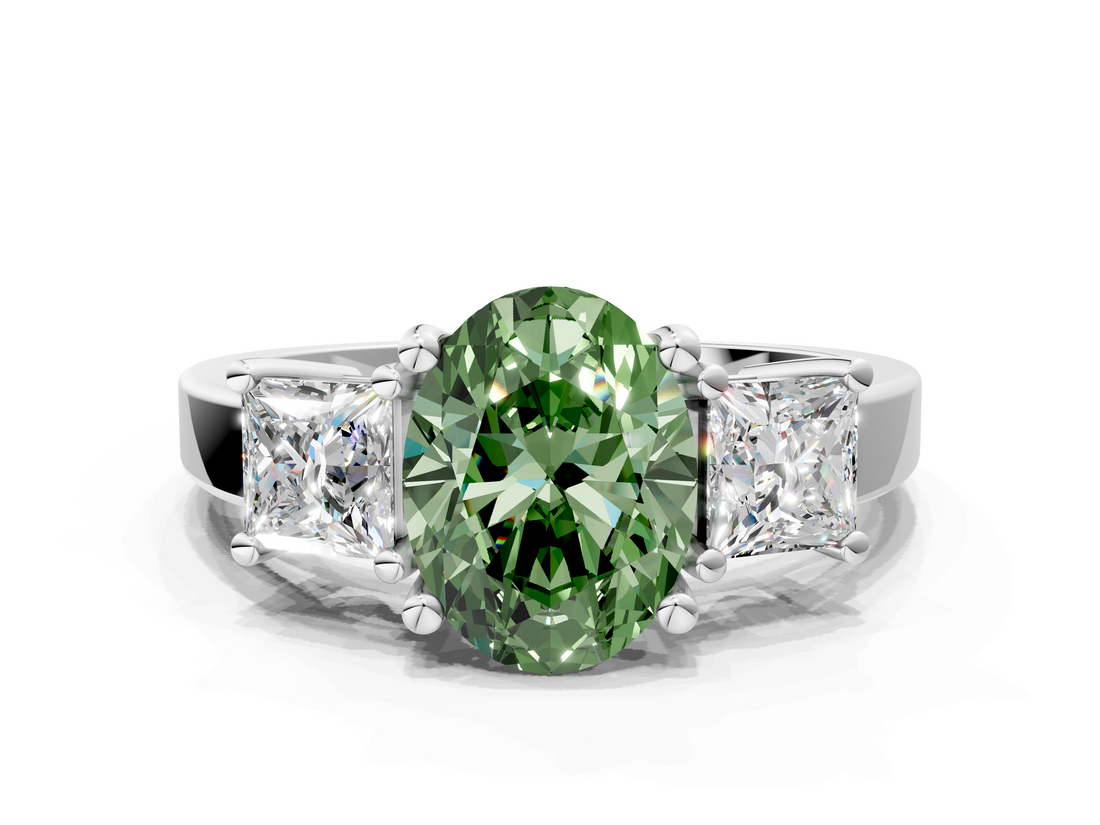 White gold Three-Stone Fancy Green Oval  Cut Solitaire Ring with Prong Setting_3