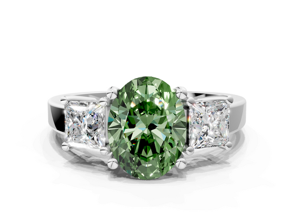Platinum Three-Stone Fancy Green Oval  Cut Solitaire Ring with Prong Setting