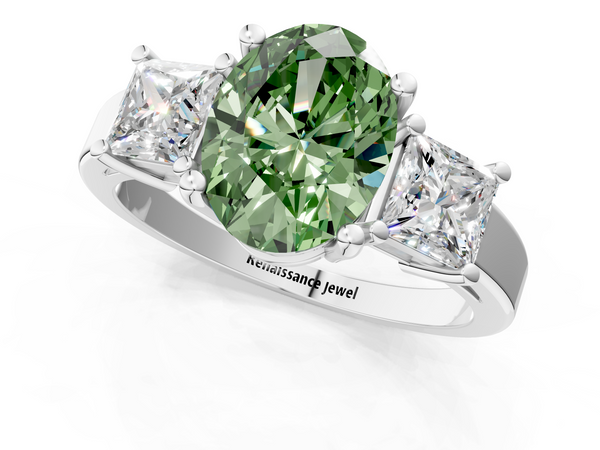 Platinum Three-Stone Fancy Green Oval  Cut Solitaire Ring with Prong Setting