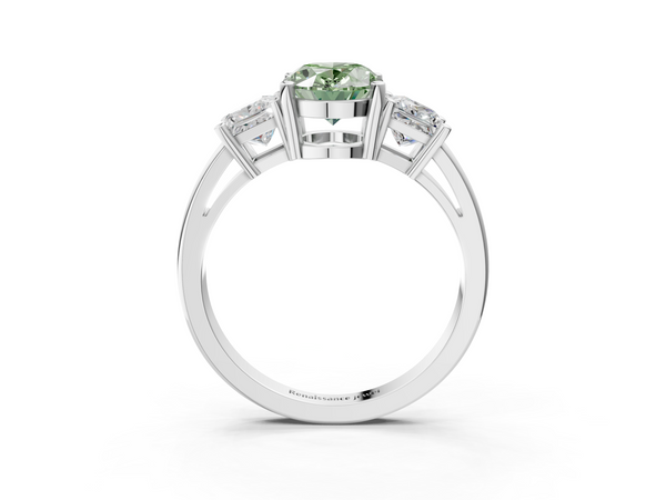 Platinum Three-Stone Fancy Green Oval  Cut Solitaire Ring with Prong Setting
