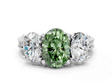 White gold Three-Stone Fancy Green Oval  Diamond Milgrain Pave Band with Prong Setting