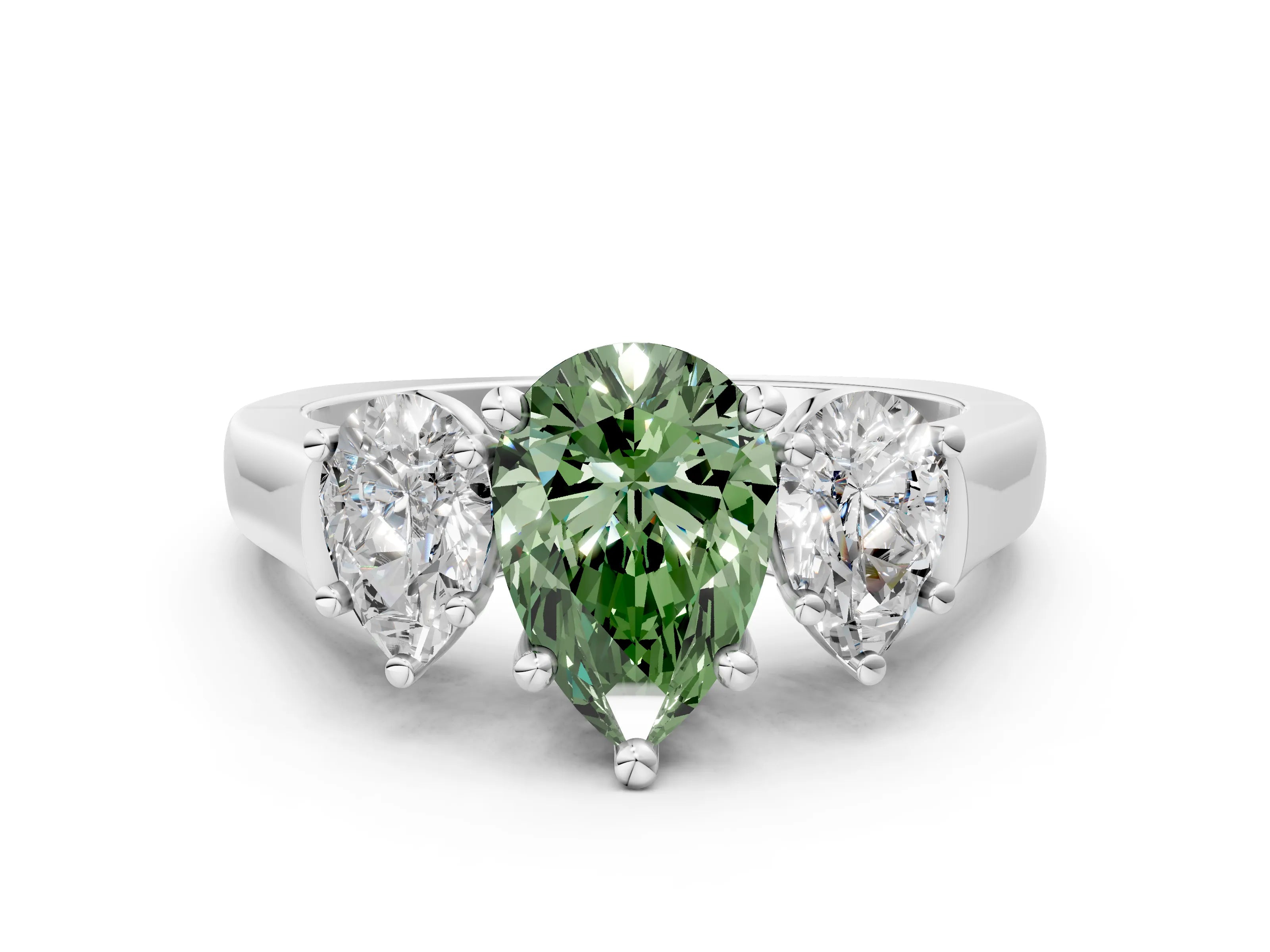 White gold Three-Stone Fancy Green Pear Cut Brilliant Diamond Trellis Ring with Comfort Fit Band_12