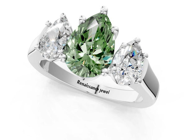 Platinum Three-Stone Fancy Green Pear Cut Brilliant Diamond Trellis Ring with Comfort Fit Band