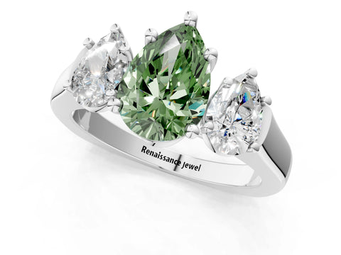 White gold Three-Stone Fancy Green Pear Cut Brilliant Diamond Trellis Ring with Comfort Fit Band_13