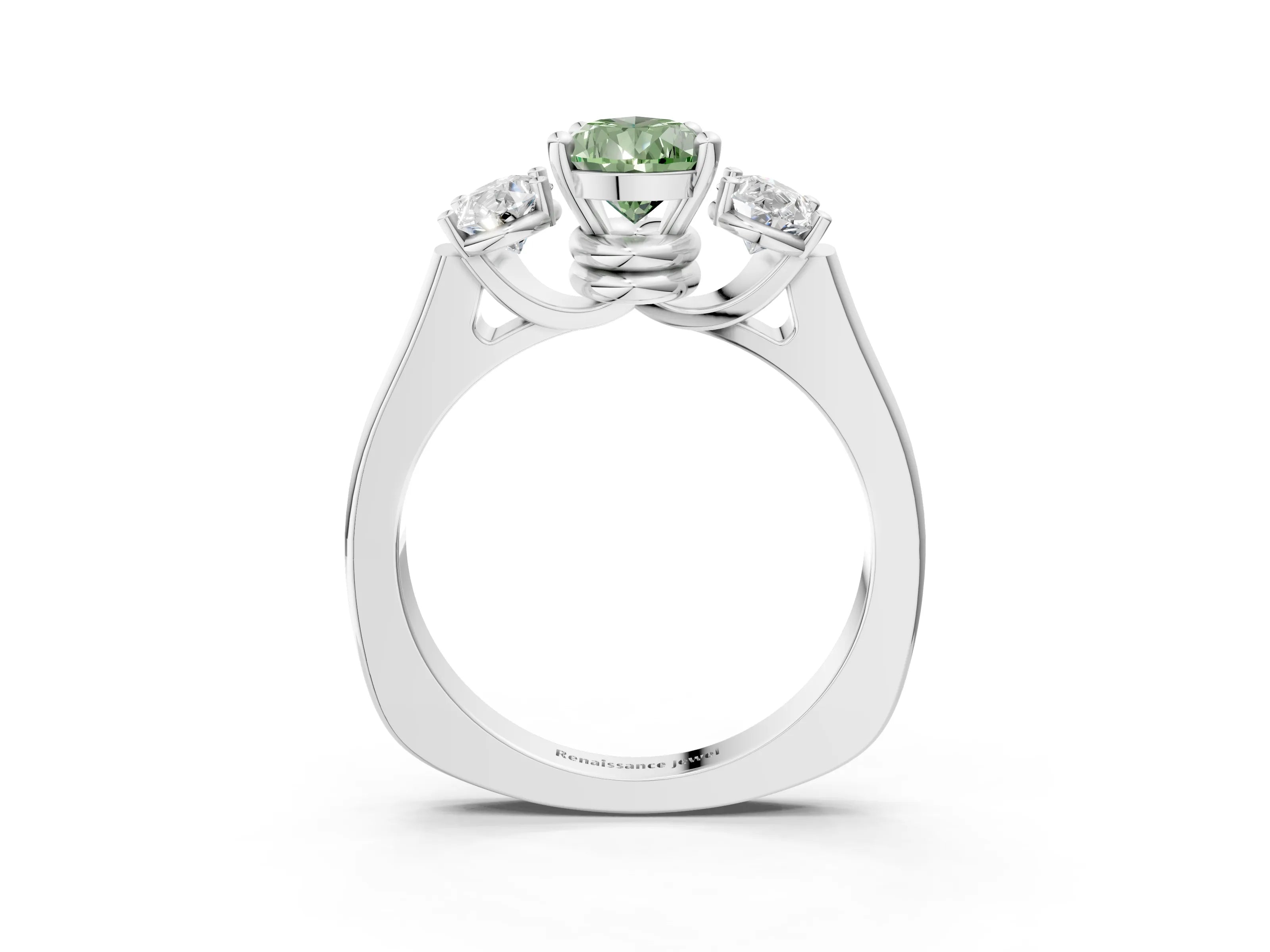 White gold Three-Stone Fancy Green Pear Cut Brilliant Diamond Trellis Ring with Comfort Fit Band_15