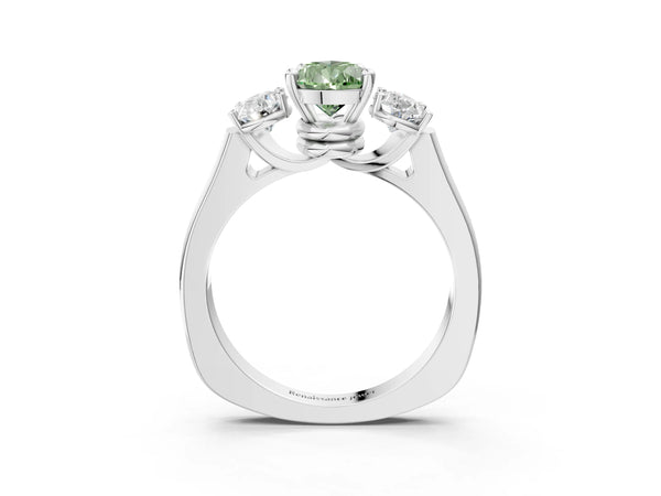 Platinum Three-Stone Fancy Green Pear Cut Brilliant Diamond Trellis Ring with Comfort Fit Band