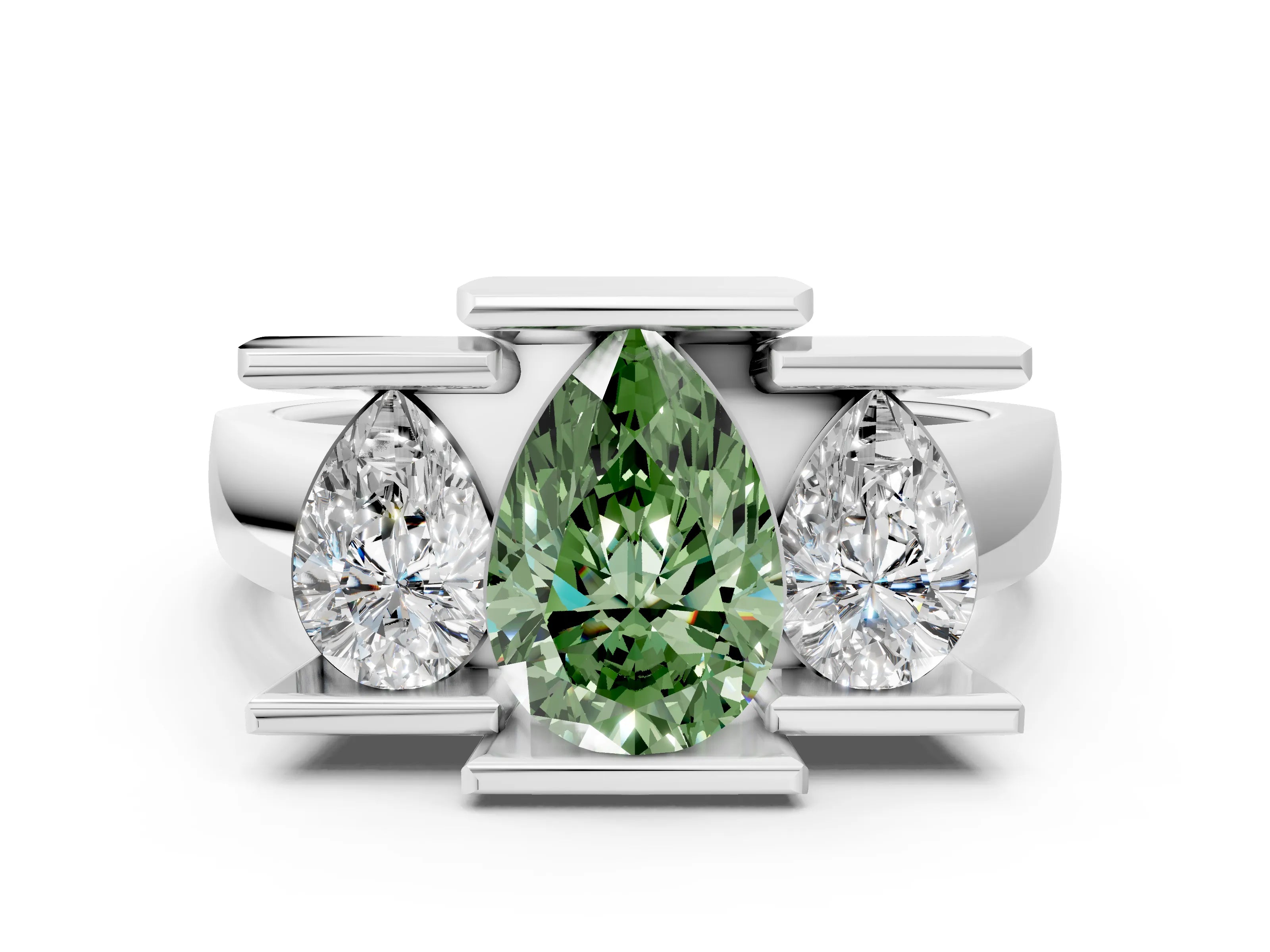 White gold Three Stone Fancy Green Pear Cut Cut Channel Set Diamond Ring_24