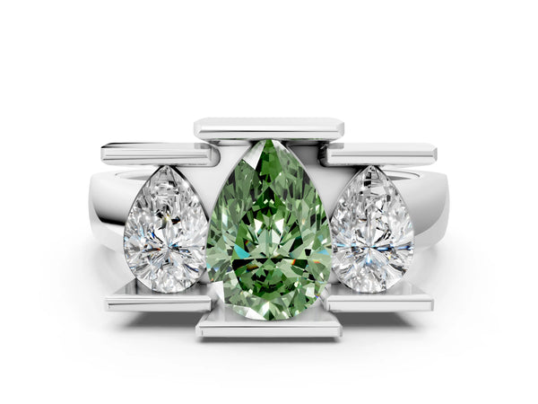 Platinum Three Stone Fancy Green Pear Cut Cut Channel Set Diamond Ring