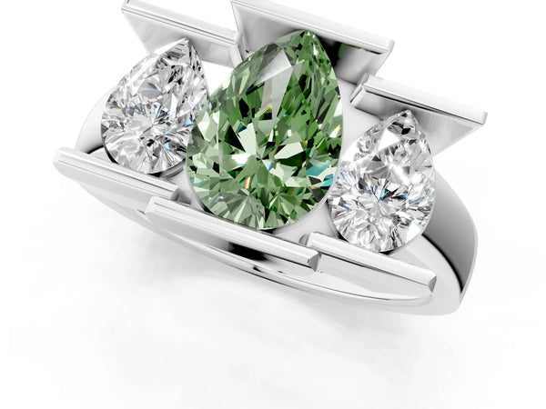 Platinum Three Stone Fancy Green Pear Cut Cut Channel Set Diamond Ring